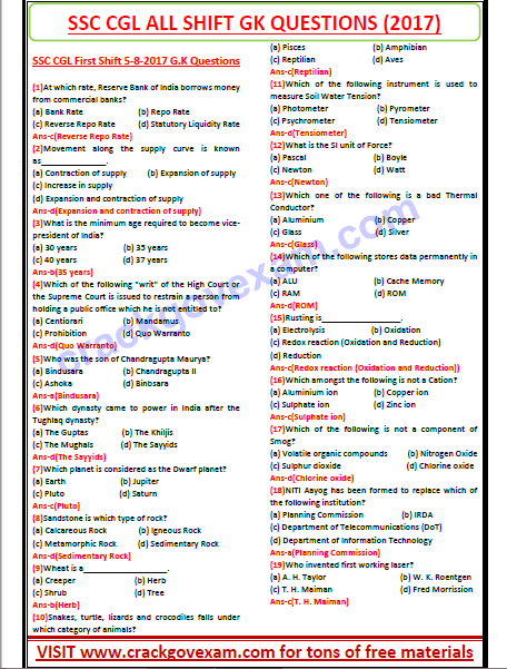 SSC CGL GK Questions and answers Pdf