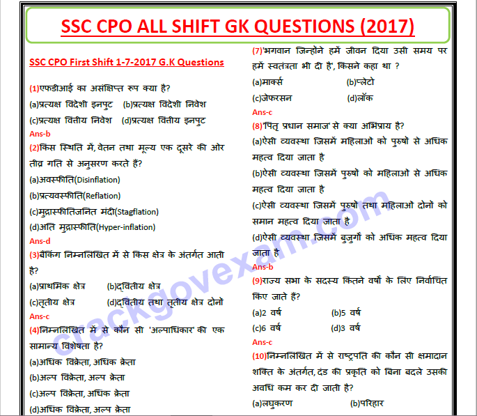 SSC CPO GK Questions and answers Pdf