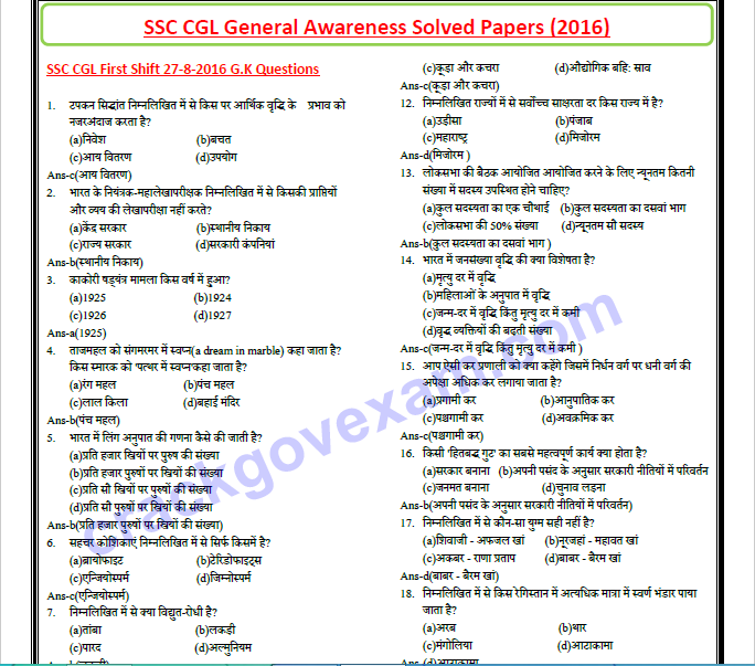 SSC CGL 2016 General Awareness Pdf in Hindi